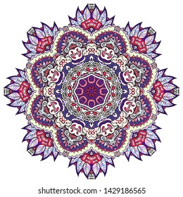 Mandala, tracery wheel mehndi design. Ethnic ornament, colorful doodle symmetry texture. Folk traditional spiritual tribal design. Curved shape, isolated on white. Color art. Vector