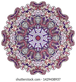 Mandala, tracery wheel mehndi design. Ethnic ornament, colorful doodle symmetry texture. Folk traditional spiritual tribal design. Curved shape, isolated on white. Color art. Vector