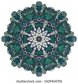 Mandala, tracery wheel mehndi design. Ethnic ornament, colorful doodle symmetry texture. Folk traditional spiritual tribal design. Curved shape, isolated on white. Color art. Vector
