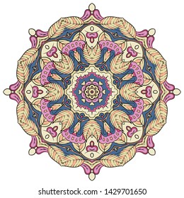Mandala, tracery wheel mehndi design. Ethnic ornament, colorful doodle symmetry texture. Folk traditional spiritual tribal design. Curved shape, isolated on white. Color art. Vector