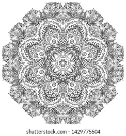 Mandala, tracery wheel mehndi design. Ethnic ornament, doodle symmetry texture. Folk traditional spiritual tribal design. Curved shape, isolated on white. Binary monochrome black and white art. Vector