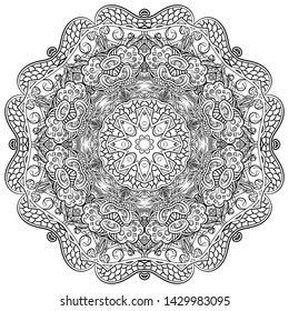 Mandala, tracery wheel mehndi design. Ethnic ornament, doodle symmetry texture. Folk traditional spiritual tribal design. Curved shape, isolated on white. Binary monochrome black and white art. Vector