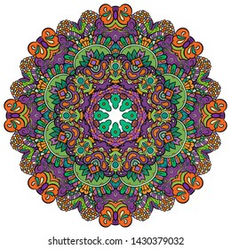 Mandala, tracery wheel mehndi design. Ethnic ornament, colorful doodle symmetry texture. Folk traditional spiritual tribal design. Curved shape, isolated on white. Color art. Vector