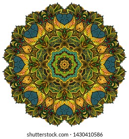 Mandala, tracery wheel mehndi design. Ethnic ornament, colorful doodle symmetry texture. Folk traditional spiritual tribal design. Curved shape, isolated on white. Color art. Vector