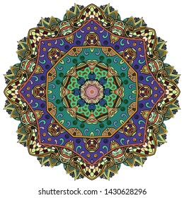 Mandala, tracery wheel mehndi design. Ethnic ornament, colorful doodle symmetry texture. Folk traditional spiritual tribal design. Curved shape, isolated on white. Color art. Vector