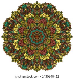 Mandala, tracery wheel mehndi design. Ethnic ornament, colorful doodle symmetry texture. Folk traditional spiritual tribal design. Curved shape, isolated on white. Color art. Vector