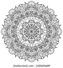 Mandala, tracery wheel mehndi design. Ethnic ornament, doodle symmetry texture. Folk traditional spiritual tribal design. Curved shape, isolated on white. Binary monochrome black and white art. Vector