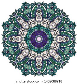 Mandala, tracery wheel mehndi design. Ethnic ornament, colorful doodle symmetry texture. Folk traditional spiritual tribal design. Curved shape, isolated on white. Color art. Vector