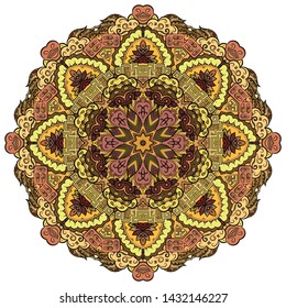 Mandala, tracery wheel mehndi design. Ethnic ornament, colorful doodle symmetry texture. Folk traditional spiritual tribal design. Curved shape, isolated on white. Color art. Vector