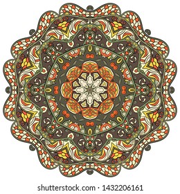 Mandala, tracery wheel mehndi design. Ethnic ornament, colorful doodle symmetry texture. Folk traditional spiritual tribal design. Curved shape, isolated on white. Color art. Vector