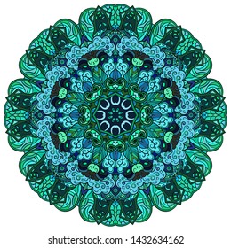 Mandala, tracery wheel mehndi design. Ethnic ornament, colorful doodle symmetry texture. Folk traditional spiritual tribal design. Curved shape, isolated on white. Color art. Vector