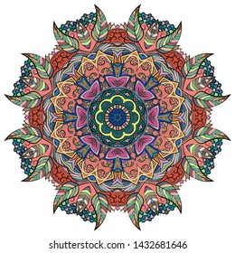 Mandala, tracery wheel mehndi design. Ethnic ornament, colorful doodle symmetry texture. Folk traditional spiritual tribal design. Curved shape, isolated on white. Color art. Vector