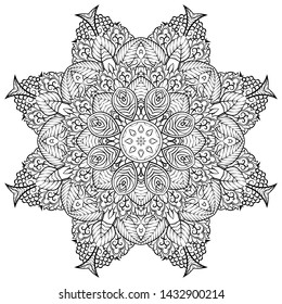 Mandala, tracery wheel mehndi design. Ethnic ornament, doodle symmetry texture. Folk traditional spiritual tribal design. Curved shape, isolated on white. Binary monochrome black and white art. Vector