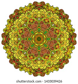 Mandala, tracery wheel mehndi design. Ethnic ornament, colorful doodle symmetry texture. Folk traditional spiritual tribal design. Curved shape, isolated on white. Color art. Vector