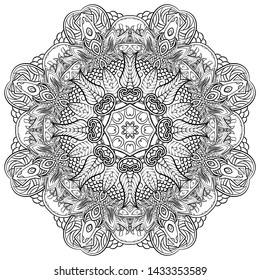 Mandala, tracery wheel mehndi design. Ethnic ornament, doodle symmetry texture. Folk traditional spiritual tribal design. Curved shape, isolated on white. Binary monochrome black and white art. Vector