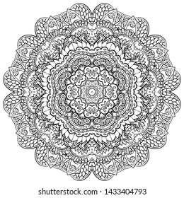 Mandala, tracery wheel mehndi design. Ethnic ornament, doodle symmetry texture. Folk traditional spiritual tribal design. Curved shape, isolated on white. Binary monochrome black and white art. Vector
