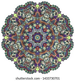 Mandala, tracery wheel mehndi design. Ethnic ornament, colorful doodle symmetry texture. Folk traditional spiritual tribal design. Curved shape, isolated on white. Color art. Vector