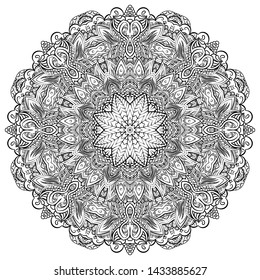 Mandala, tracery wheel mehndi design. Ethnic ornament, doodle symmetry texture. Folk traditional spiritual tribal design. Curved shape, isolated on white. Binary monochrome black and white art. Vector