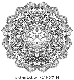 Mandala, tracery wheel mehndi design. Ethnic ornament, doodle symmetry texture. Folk traditional spiritual tribal design. Curved shape, isolated on white. Binary monochrome black and white art. Vector