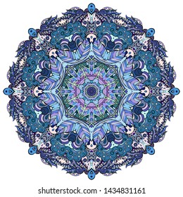 Mandala, tracery wheel mehndi design. Ethnic ornament, colorful doodle symmetry texture. Folk traditional spiritual tribal design. Curved shape, isolated on white. Color art. Vector