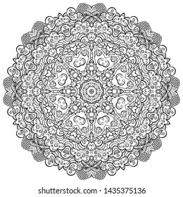 Mandala, tracery wheel mehndi design. Ethnic ornament, doodle symmetry texture. Folk traditional spiritual tribal design. Curved shape, isolated on white. Binary monochrome black and white art. Vector