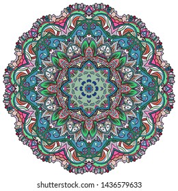 Mandala, tracery wheel mehndi design. Ethnic ornament, colorful doodle symmetry texture. Folk traditional spiritual tribal design. Curved shape, isolated on white. Color art. Vector
