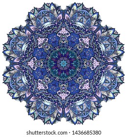 Mandala, tracery wheel mehndi design. Ethnic ornament, colorful doodle symmetry texture. Folk traditional spiritual tribal design. Curved shape, isolated on white. Color art. Vector