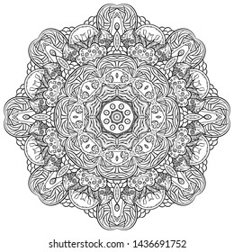 Mandala, tracery wheel mehndi design. Ethnic ornament, doodle symmetry texture. Folk traditional spiritual tribal design. Curved shape, isolated on white. Binary monochrome black and white art. Vector