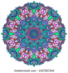Mandala, tracery wheel mehndi design. Ethnic ornament, colorful doodle symmetry texture. Folk traditional spiritual tribal design. Curved shape, isolated on white. Color art. Vector