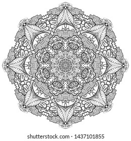 Mandala, tracery wheel mehndi design. Ethnic ornament, doodle symmetry texture. Folk traditional spiritual tribal design. Curved shape, isolated on white. Binary monochrome black and white art. Vector