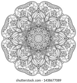 Mandala, tracery wheel mehndi design. Ethnic ornament, doodle symmetry texture. Folk traditional spiritual tribal design. Curved shape, isolated on white. Binary monochrome black and white art. Vector