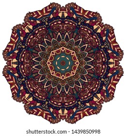 Mandala, tracery wheel mehndi design. Ethnic ornament, colorful doodle symmetry texture. Folk traditional spiritual tribal design. Curved shape, isolated on white. Color art. Vector