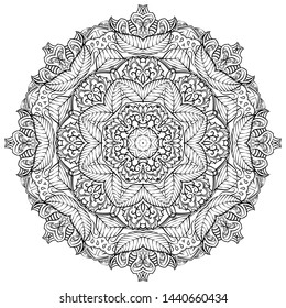 Mandala, tracery wheel mehndi design. Ethnic ornament, doodle symmetry texture. Folk traditional spiritual tribal design. Curved shape, isolated on white. Binary monochrome black and white art. Vector