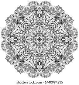 Mandala, tracery wheel mehndi design. Ethnic ornament, doodle symmetry texture. Folk traditional spiritual tribal design. Curved shape, isolated on white. Binary monochrome black and white art. Vector