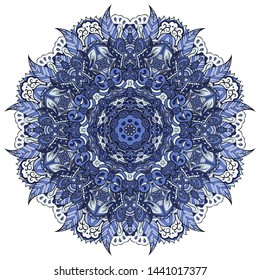 Mandala, tracery wheel mehndi design. Ethnic ornament, colorful doodle symmetry texture. Folk traditional spiritual tribal design. Curved shape, isolated on white. Color art. Vector