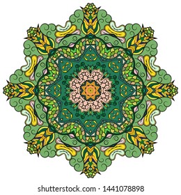 Mandala, tracery wheel mehndi design. Ethnic ornament, colorful doodle symmetry texture. Folk traditional spiritual tribal design. Curved shape, isolated on white. Color art. Vector