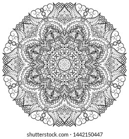 Mandala, tracery wheel mehndi design. Ethnic ornament, doodle symmetry texture. Folk traditional spiritual tribal design. Curved shape, isolated on white. Binary monochrome black and white art. Vector