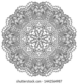 Mandala, tracery wheel mehndi design. Ethnic ornament, doodle symmetry texture. Folk traditional spiritual tribal design. Curved shape, isolated on white. Binary monochrome black and white art. Vector