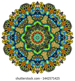 Mandala, tracery wheel mehndi design. Ethnic ornament, colorful doodle symmetry texture. Folk traditional spiritual tribal design. Curved shape, isolated on white. Color art. Vector