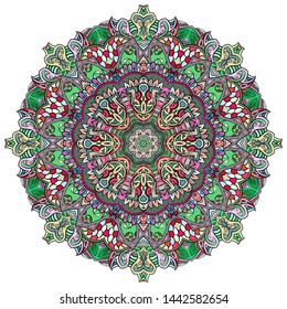 Mandala, tracery wheel mehndi design. Ethnic ornament, colorful doodle symmetry texture. Folk traditional spiritual tribal design. Curved shape, isolated on white. Color art. Vector