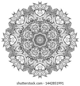 Mandala, tracery wheel mehndi design. Ethnic ornament, doodle symmetry texture. Folk traditional spiritual tribal design. Curved shape, isolated on white. Binary monochrome black and white art. Vector