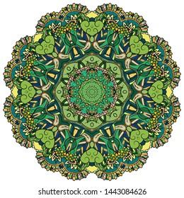 Mandala, tracery wheel mehndi design. Ethnic ornament, colorful doodle symmetry texture. Folk traditional spiritual tribal design. Curved shape, isolated on white. Color art. Vector