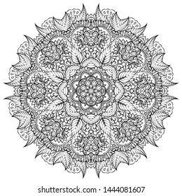 Mandala, tracery wheel mehndi design. Ethnic ornament, doodle symmetry texture. Folk traditional spiritual tribal design. Curved shape, isolated on white. Binary monochrome black and white art. Vector