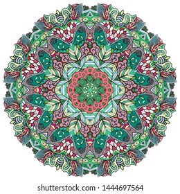 Mandala, tracery wheel mehndi design. Ethnic ornament, colorful doodle symmetry texture. Folk traditional spiritual tribal design. Curved shape, isolated on white. Color art. Vector