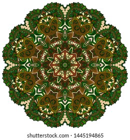 Mandala, tracery wheel mehndi design. Ethnic ornament, colorful doodle symmetry texture. Folk traditional spiritual tribal design. Curved shape, isolated on white. Color art. Vector