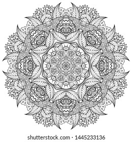 Mandala, tracery wheel mehndi design. Ethnic ornament, doodle symmetry texture. Folk traditional spiritual tribal design. Curved shape, isolated on white. Binary monochrome black and white art. Vector