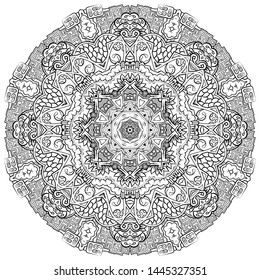 Mandala, tracery wheel mehndi design. Ethnic ornament, doodle symmetry texture. Folk traditional spiritual tribal design. Curved shape, isolated on white. Binary monochrome black and white art. Vector