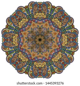 Mandala, tracery wheel mehndi design. Ethnic ornament, colorful doodle symmetry texture. Folk traditional spiritual tribal design. Curved shape, isolated on white. Color art. Vector