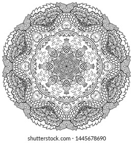 Mandala, tracery wheel mehndi design. Ethnic ornament, doodle symmetry texture. Folk traditional spiritual tribal design. Curved shape, isolated on white. Binary monochrome black and white art. Vector