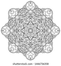 Mandala, tracery wheel mehndi design. Ethnic ornament, doodle symmetry texture. Folk traditional spiritual tribal design. Curved shape, isolated on white. Binary monochrome black and white art. Vector